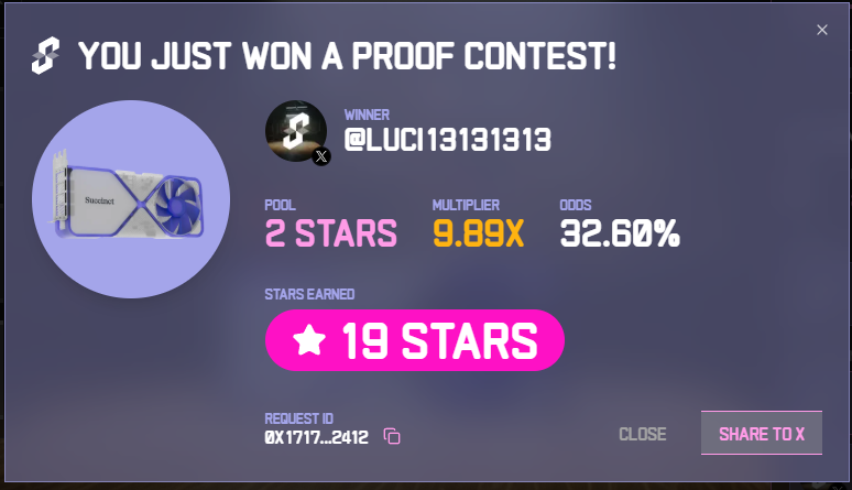 I just won 19 stars in the Succinct Stage 2 Proof Contest! Prove with us <a href="/SuccinctLabs/">Succinct</a> #ProveWithUs