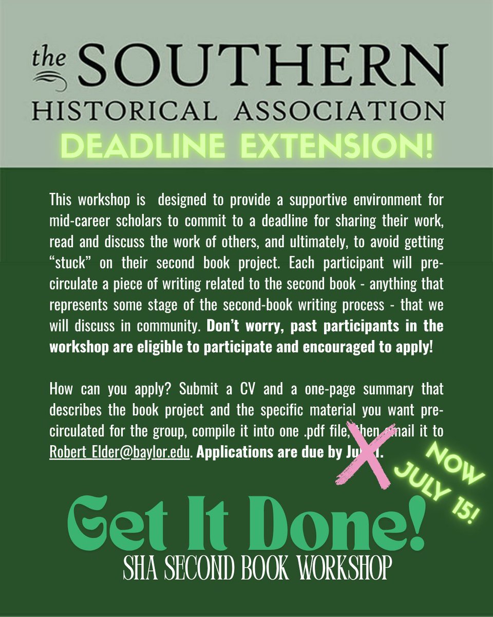 southernphd's tweet image. Deadline extended to July 15!
Get your application together for this great workshop, offered by the SHA. We'll gather in St. Pete Beach this fall for a wrap up lunch.