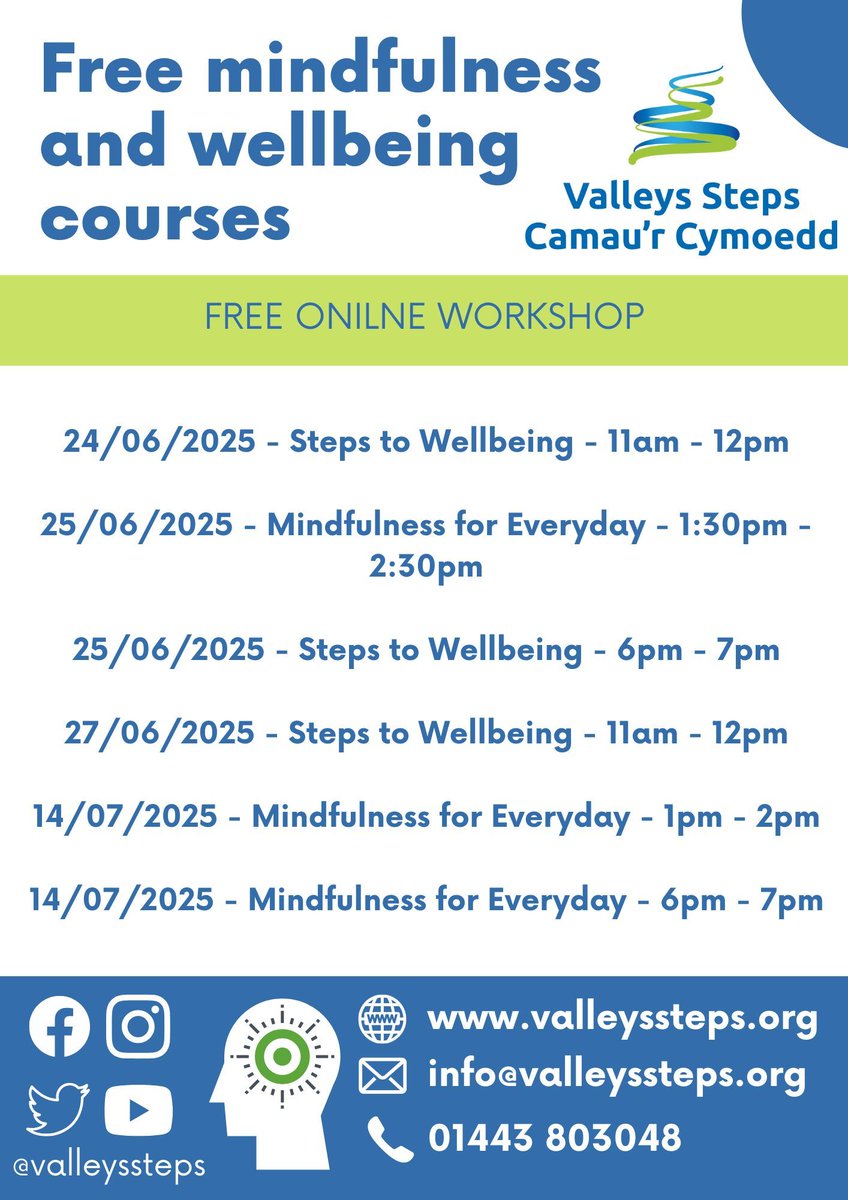 !!NEXT ROUND OF ONLINE COURSES!!

Here is a list of dates for our next round of FREE ONLINE Courses.

If you or someone you know may be having issues with your Wellbeing or Mental Health. Then feel free to come along to our FREE ONLINE courses.

valleyssteps.org/online-session…