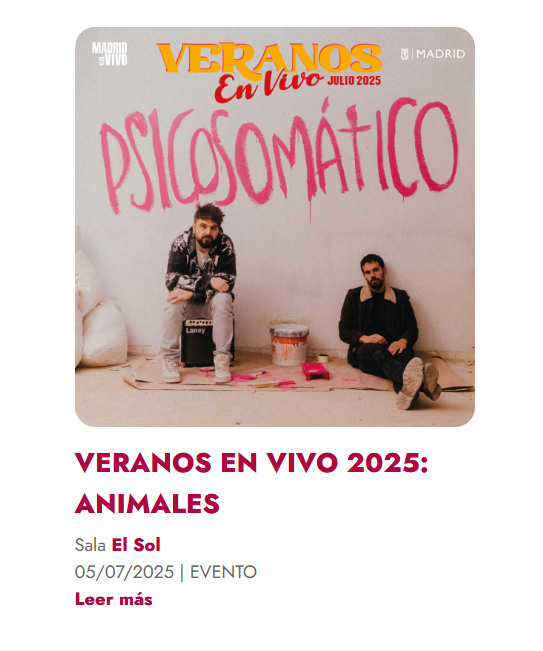 Animales (@animales_musica) on Twitter photo ¡Semana de concierto!
Nos vemos este sábado en la <a href="/SalaElSol/">Sala El Sol</a> para la presentación de nuestro disco.
Hasta os lo recomienda <a href="/madridenvivo/">Madrid en Vivo</a> ❤️
👇
madridenvivo.com/evento/veranos… ¡Semana de concierto!
Nos vemos este sábado en la <a href="/SalaElSol/">Sala El Sol</a> para la presentación de nuestro disco.
Hasta os lo recomienda <a href="/madridenvivo/">Madrid en Vivo</a> ❤️
👇
madridenvivo.com/evento/veranos…