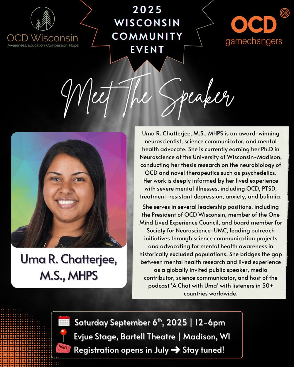 Meet speaker <a href="/UmaRChatterjee/">Uma R. Chatterjee, M.S., MHPS</a> M.S., MHPS—neuroscientist, mental health advocate, and lived experience leader.

She’ll take the stage at our 2025 OCD Wisconsin x OCD Gamechangers event to share her story &amp; bridge science with humanity.

🎟 Get your ticket → tinyurl.com/ocdgcwi