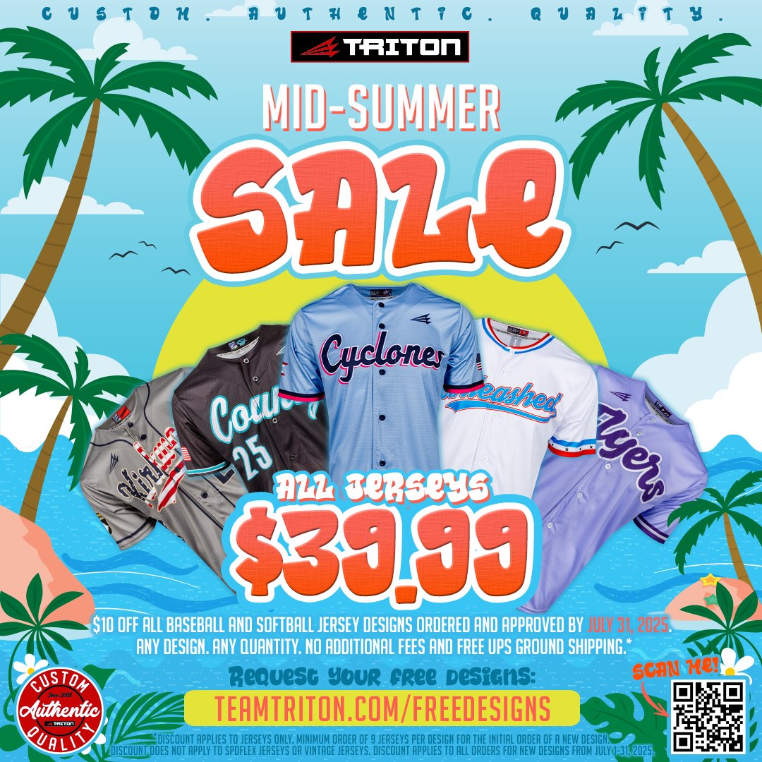 Soaring temps mean rock-bottom prices all month at Triton. Enjoy $39.99 pricing for all custom baseball and softball jersey orders through July 31. As always, there's no additional fees, setup charges, and free shipping. Get started now:
teamtriton.com/freedesigns.ht…