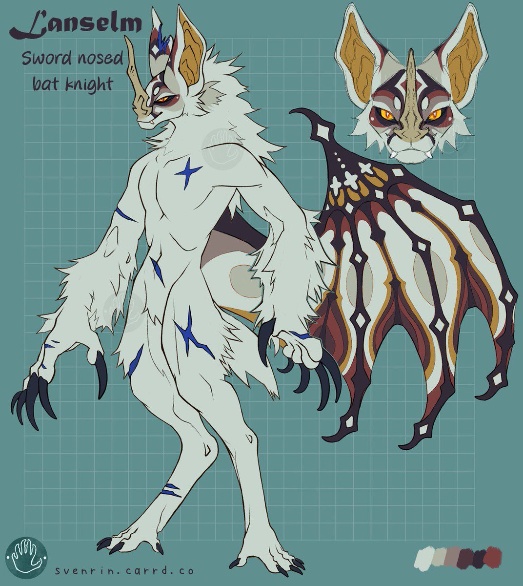 Svenrin_'s tweet image. a bit late but finished a quick ref for my new character!

they're a sword nosed bat and a knight!
name is Lanselm :)

wing pattern is based off a cathedral/stained glass windows

they're on my artfight too! artfight.net/~Svenrin
