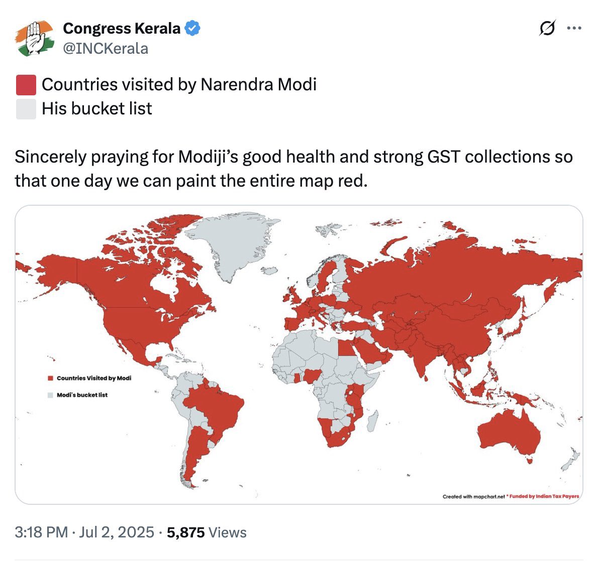 Shocking but not surprising.

Congress Kerala has shared a map of India that cedes parts of Jammu &amp; Kashmir to Pakistan and China.

This isn’t a mistake. It is a pattern. From Karnataka to Tamil Nadu to now Kerala, Congress units across states have repeatedly posted distorted