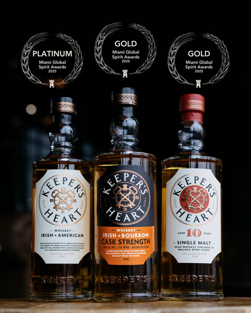 Kicking off the holiday weekend with some shiny new hardware! 🏅

We’re proud to share that Keeper’s Heart brought home top honors at the inaugural #MiamiGlobalSpiritAwards:

🥇 Platinum: Irish + American
🥇 Gold: Irish + Bourbon Cask Strength
🥇 Gold: 10 Year Irish Single Malt