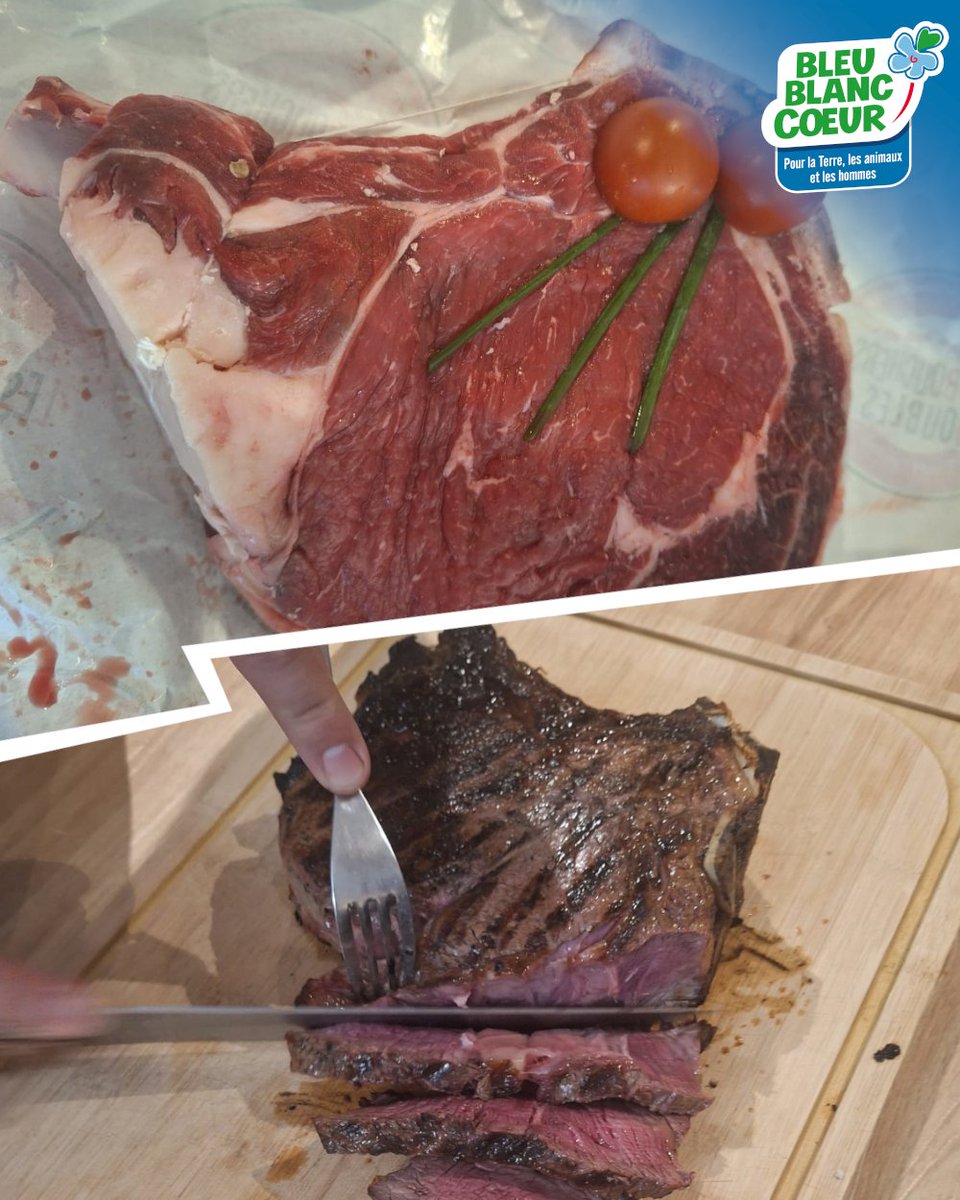 Avant/Après cuisson au barbecue d'une belle côte de boeuf #BleuBlancCoeur 🥩🔥 ! Bon appétit 😉
