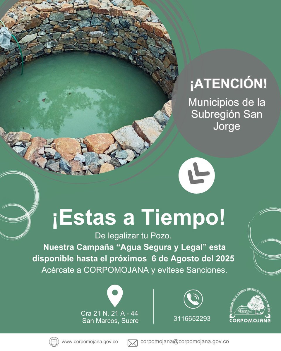 Corpomojana's tweet photo. ¡Estás a tiempo!
De acogerte a los beneficios que te ofrece la Campaña de Legalización de Pozos  "Agua segura y Legal" de CORPOMOJANA.
Aprovecha y acércate antes del seis (6) de agosto.
Evítese sanciones.
#CampañaLegalizacionDePazos
#porunambientesostenibleparalavida https://t.co/ZifAS27Tvn