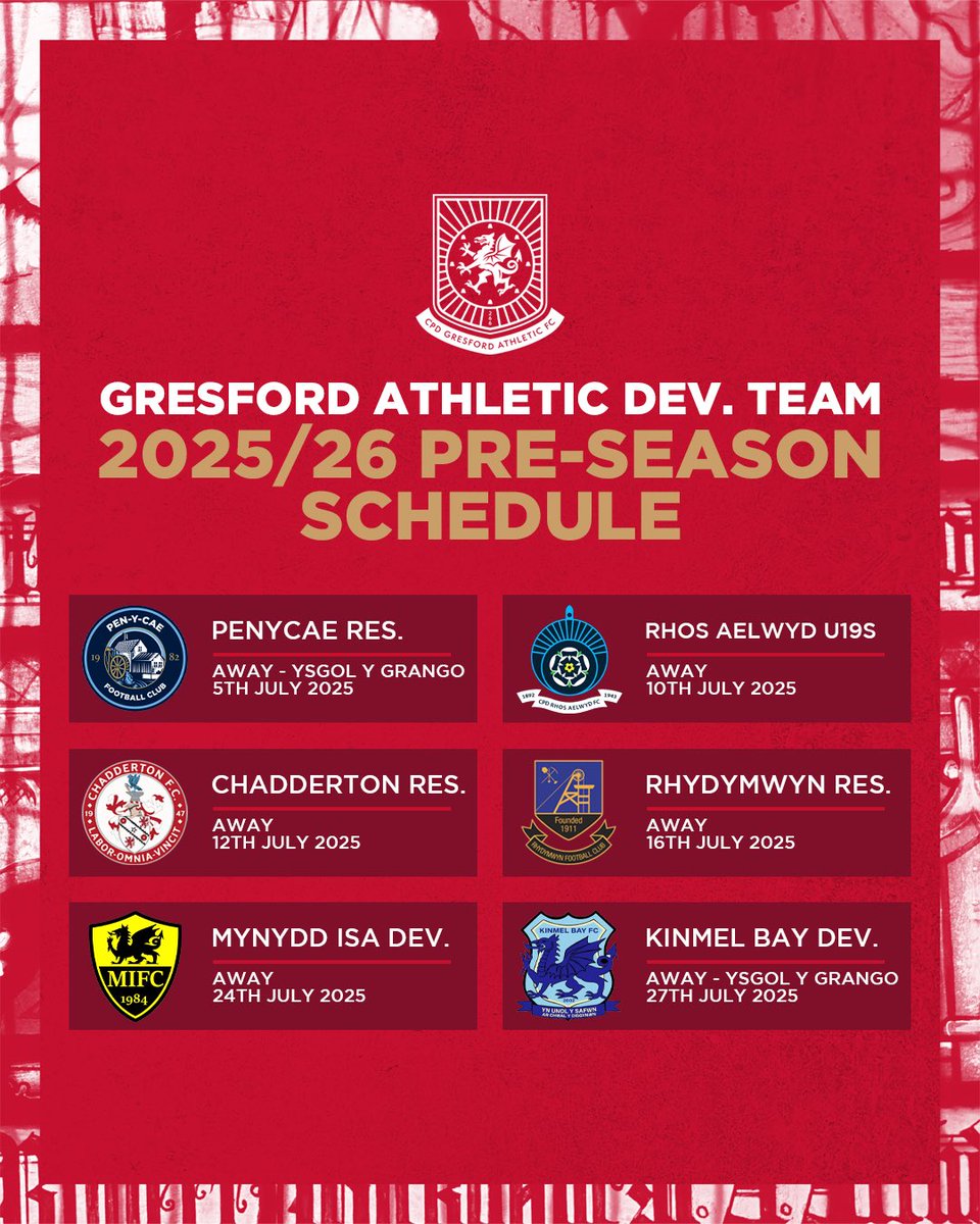 Gresford Athletic FC (@gresfordfc) on Twitter photo The Development Teamโs 2025/26 Pre-Season schedule is now confirmed! ๐๏ธ
๐ต <a href="/penycaefc1/">Penycae FC</a> Reserves (A - Ysgol Y Grango)
๐ท <a href="/RhosAelwydFC/">CPD Rhos Aelwyd FC</a> U19s (A)
๐ <a href="/ChaddertonFC/">Chadderton FC</a> Reserves (A)
๐ฆ <a href="/Rhydymwynfc2023/">Rhydymwyn FC</a> Reserves (A)
๐ก <a href="/MynyddIsaFC/">Mynydd Isa FC</a> Dev. Team (A)
๐น <a href="/KinmelFc/">Kinmel Bay Men's FC</a> Dev. Team (A - Ysgol Y Grango) The Development Teamโs 2025/26 Pre-Season schedule is now confirmed! ๐๏ธ
๐ต <a href="/penycaefc1/">Penycae FC</a> Reserves (A - Ysgol Y Grango)
๐ท <a href="/RhosAelwydFC/">CPD Rhos Aelwyd FC</a> U19s (A)
๐ <a href="/ChaddertonFC/">Chadderton FC</a> Reserves (A)
๐ฆ <a href="/Rhydymwynfc2023/">Rhydymwyn FC</a> Reserves (A)
๐ก <a href="/MynyddIsaFC/">Mynydd Isa FC</a> Dev. Team (A)
๐น <a href="/KinmelFc/">Kinmel Bay Men's FC</a> Dev. Team (A - Ysgol Y Grango)