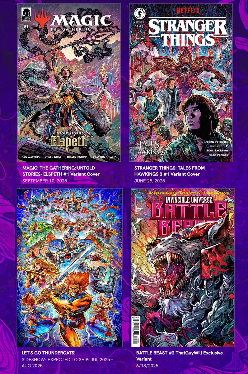 some of my new and upcoming releases! 
#Magic #strangerthings #thundercats #battlebeast #darkhorsecomics #skybound #sideshow