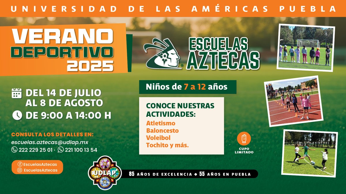 La #UDLAP invita a niñas y niños de entre 7 y 12 años a vivir unas vacaciones inolvidables con su curso de Verano Deportivo 2025; espacio en el que los participantes se ejercitarán, aprenderán baloncesto, atletismo, taekwondo, voleibol, tochito bandera, futbol soccer, primeros