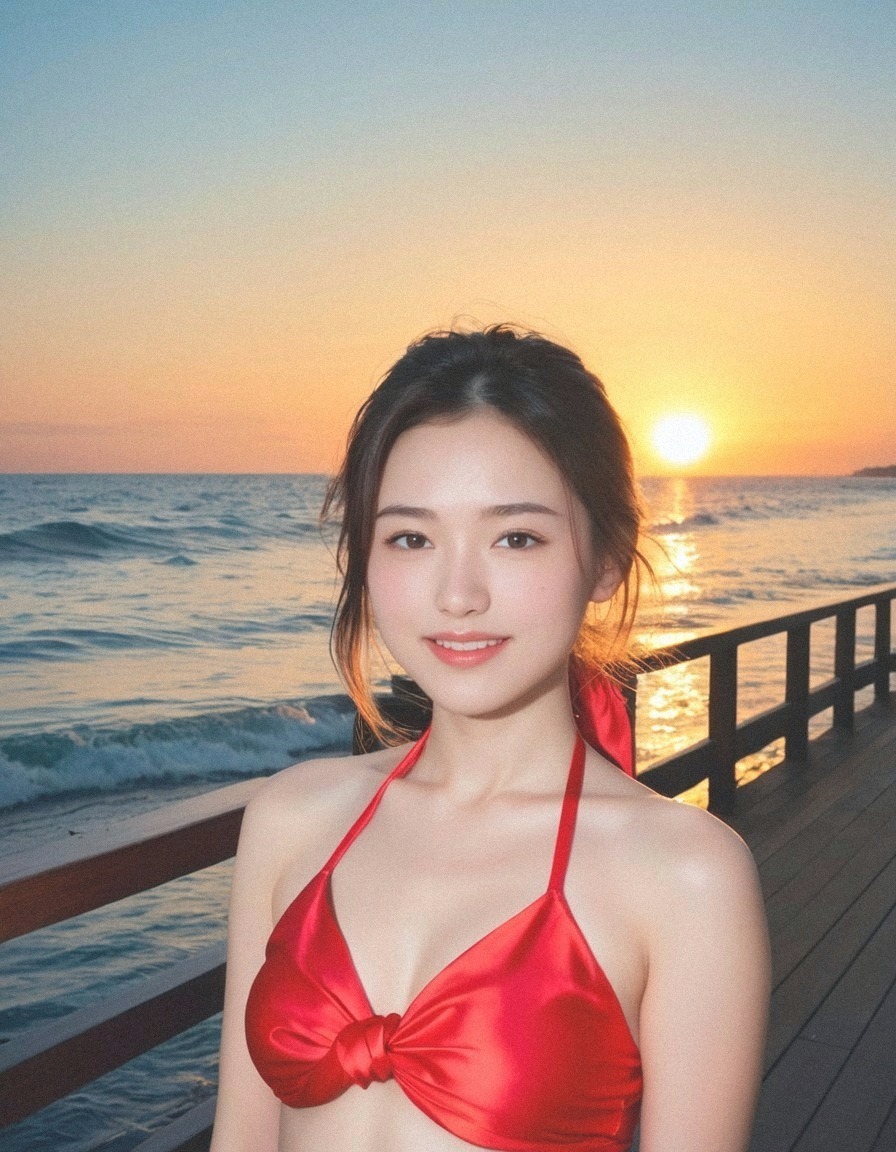 夕焼けビーチ、最高！🌇 私、嵐だよ〜！💋 黒髪ロングに赤ビキニ、ちょっと大人でしょ？🙈💕 海に入って、夕日を眺めて…こんな瞬間がたまらないの！😊 太陽の光、気持ちいい！☀️ キラキラした水面も素敵✨ みんなはどんな夏が好き？🥰