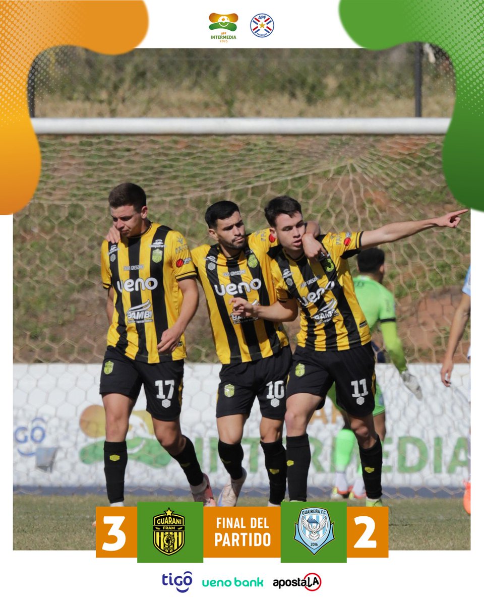 IntermediaAPF's tweet photo. 🗣️ ¡Final del partido!

➡️ #GuaraníDeFram 3
➡️ #Guaireña 2

🗓 Fecha 15

#IntermediaAPF 🟠🟢 https://t.co/Qiuvh5HQCl