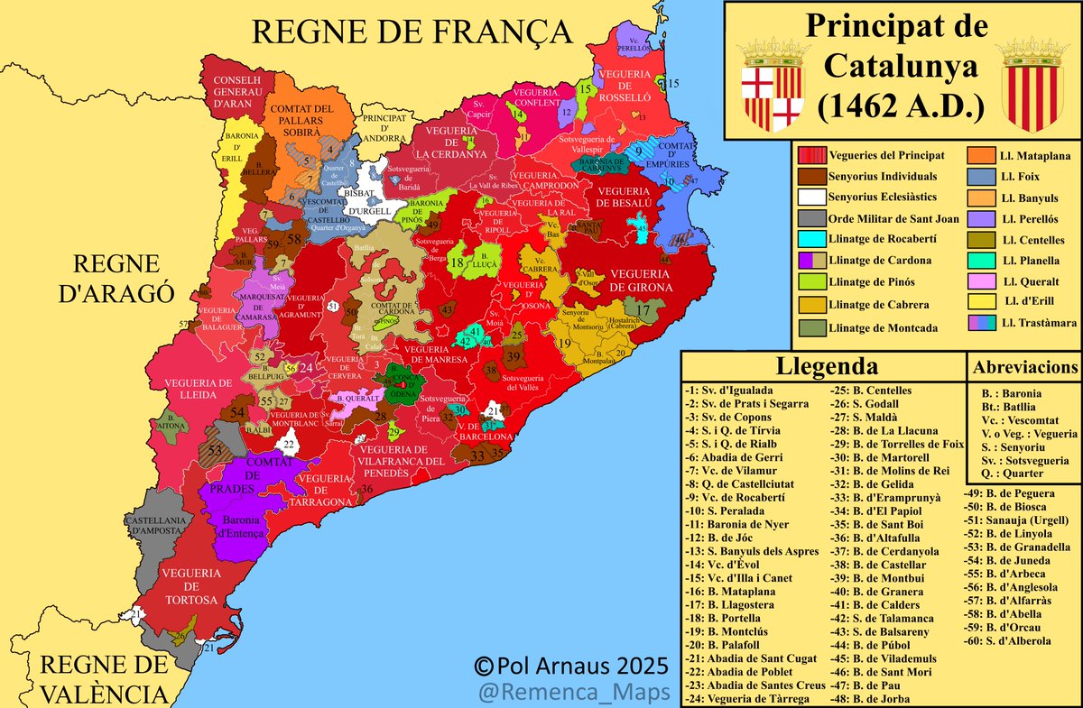 Mapa del Principat de Catalunya abans de la Guerra Civil Catalana (any 1462) [en català].