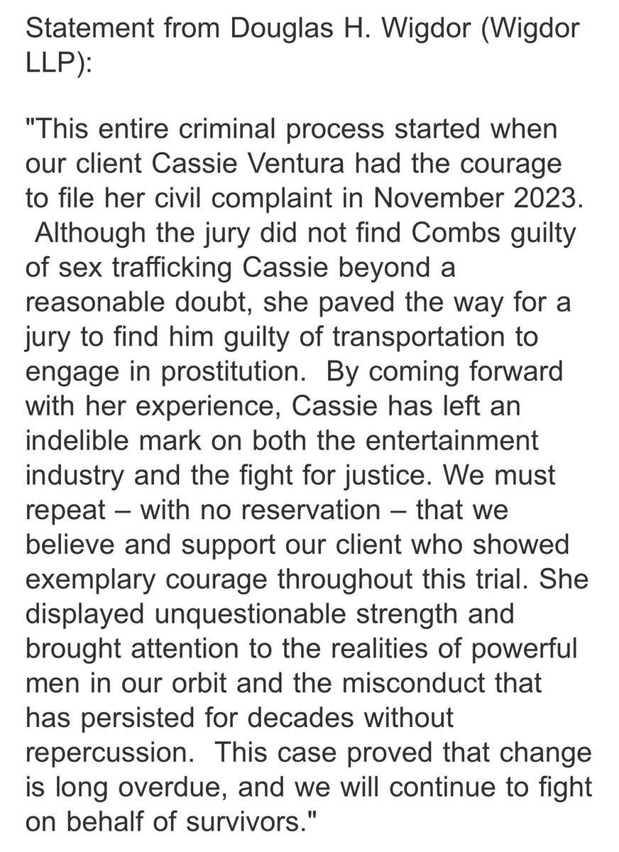 Cassie’s lawyer has released a statement after the jury acquired Sean “Diddy” Combs of sex trafficking her and another former girlfriend and acquitted him of RICO.

He was found guilty only of transportation for prostitution.