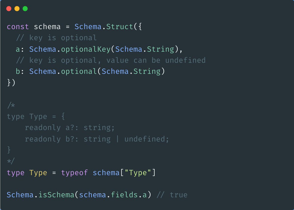 🔧 Optional Fields, No Wrapping Needed

In Schema v4, `PropertySignature` is gone.

`optionalKey` and `optional` are non-intrusive, they handle key optionality without wrapping the schema in a separate structure.

The result is still a schema: