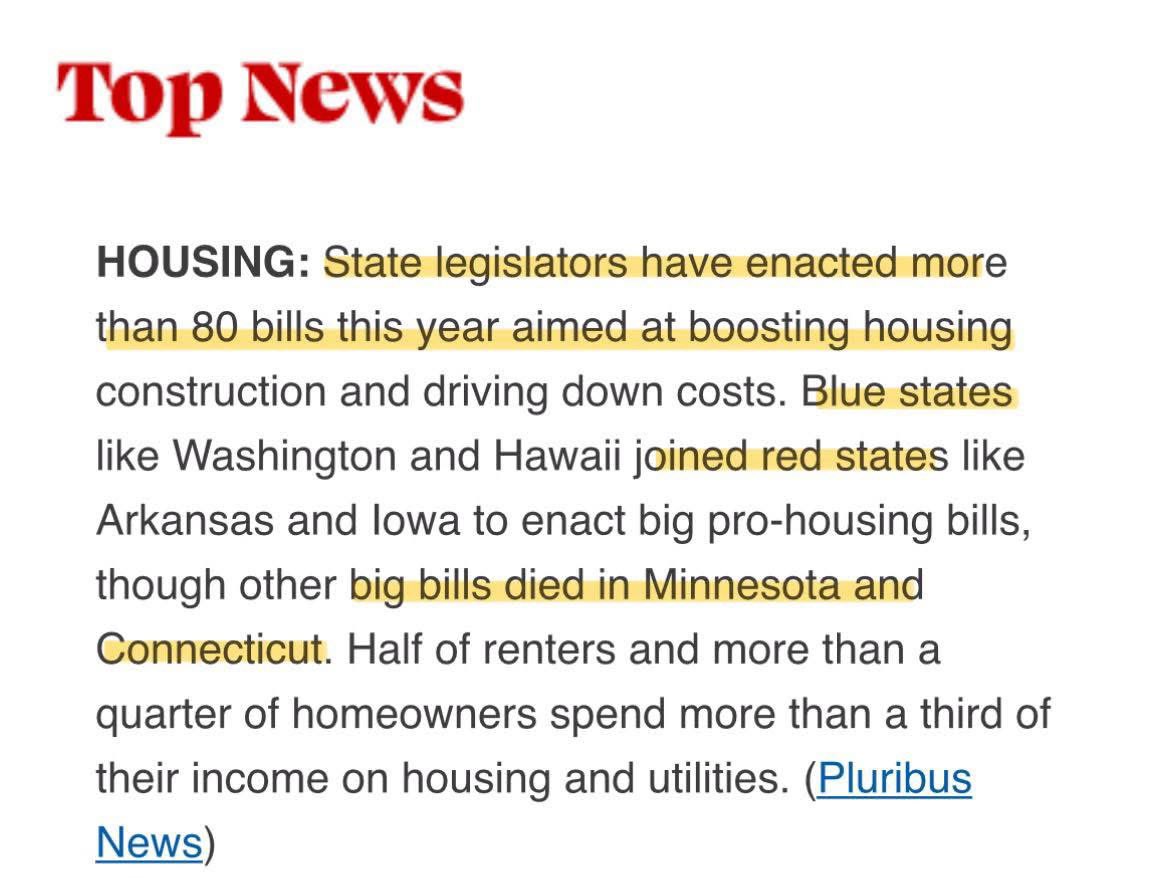 senatorduff's tweet image. I don’t want to say our housing bill is dead, it’s just gone missing. We’ve issued a Silver Alert with the hope it reappears again soon.
Probably jealously visiting all of the other new housing bills around the country that are now law. @PluribusNews