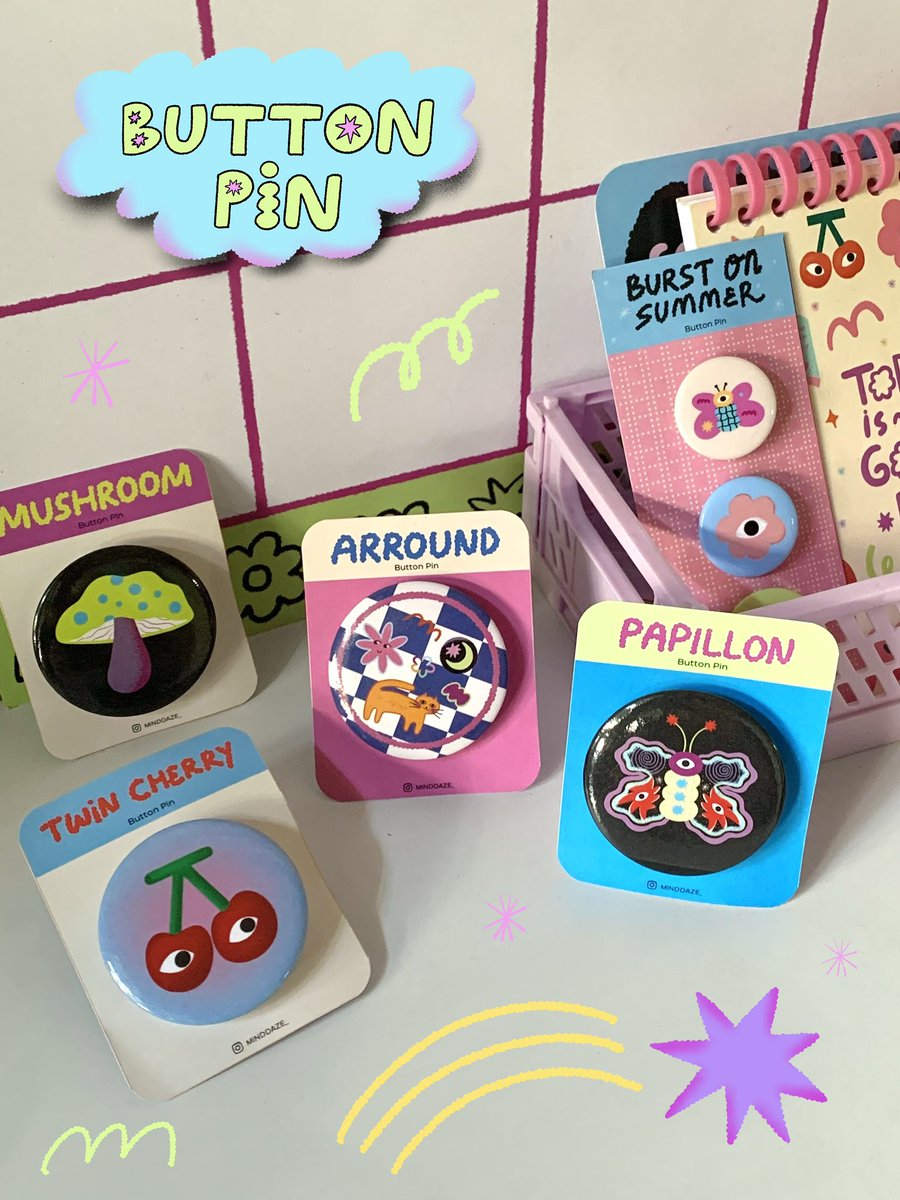 Say hello to new little companions!
Our latest **Button Pin 44 mm Series** is here — bold, playful, and ready to jazz up your bags, jackets, and daily vibes 💥
Which one’s your fave: Twin Cherry, Mushroom, Papillon, or Arround? 🍒🍄🦋🐱
Available now at online shop Mind Daze 🌷🍄