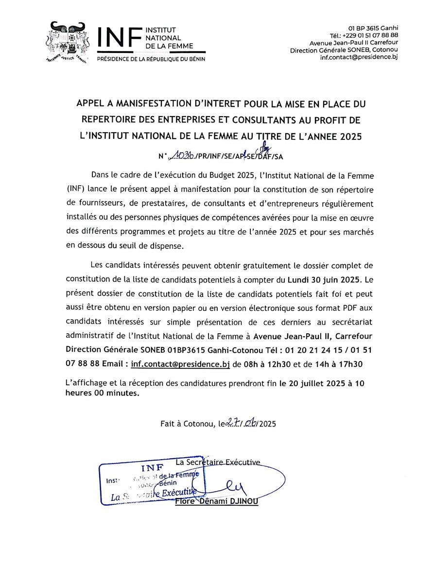 L'Institut National de la Femme recrute ses partenaires techniques pour 2025. Consultants, entreprises et prestataires, manifestez votre intérêt avant le 20 juillet ! 👇👇👇
linkedin.com/posts/institut…