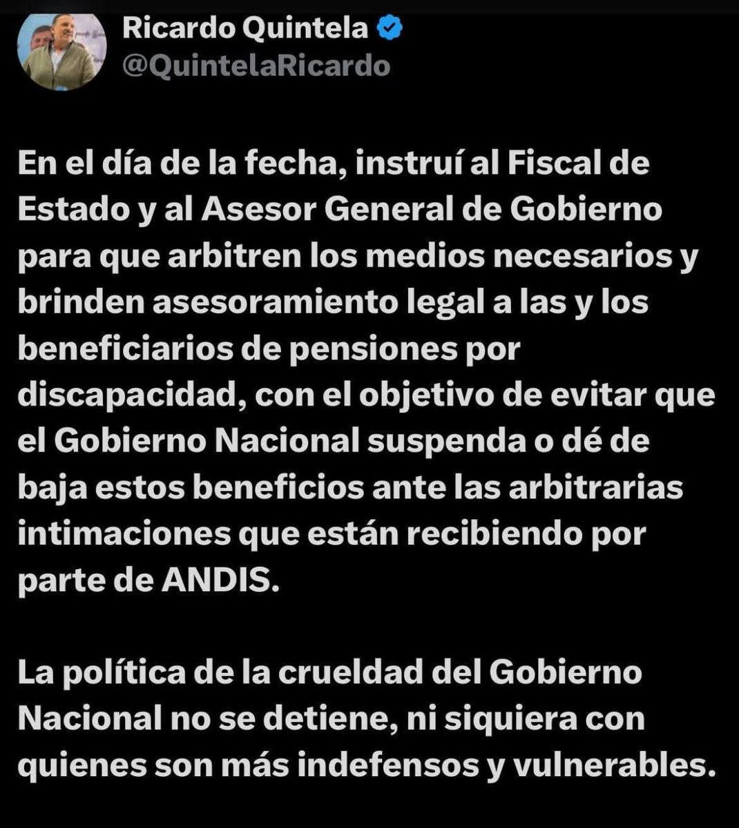 Gobernador, el gobierno nacional está aplicando una auditoría para evitar estafas por parte de ciertas personas. Si la persona es discapacitada, mantendrá su beneficio. ¿Es necesario llevar la contraria a cada cosa hagamos? ¿O es para sumar más votantes (rehenes) a su clientela?
