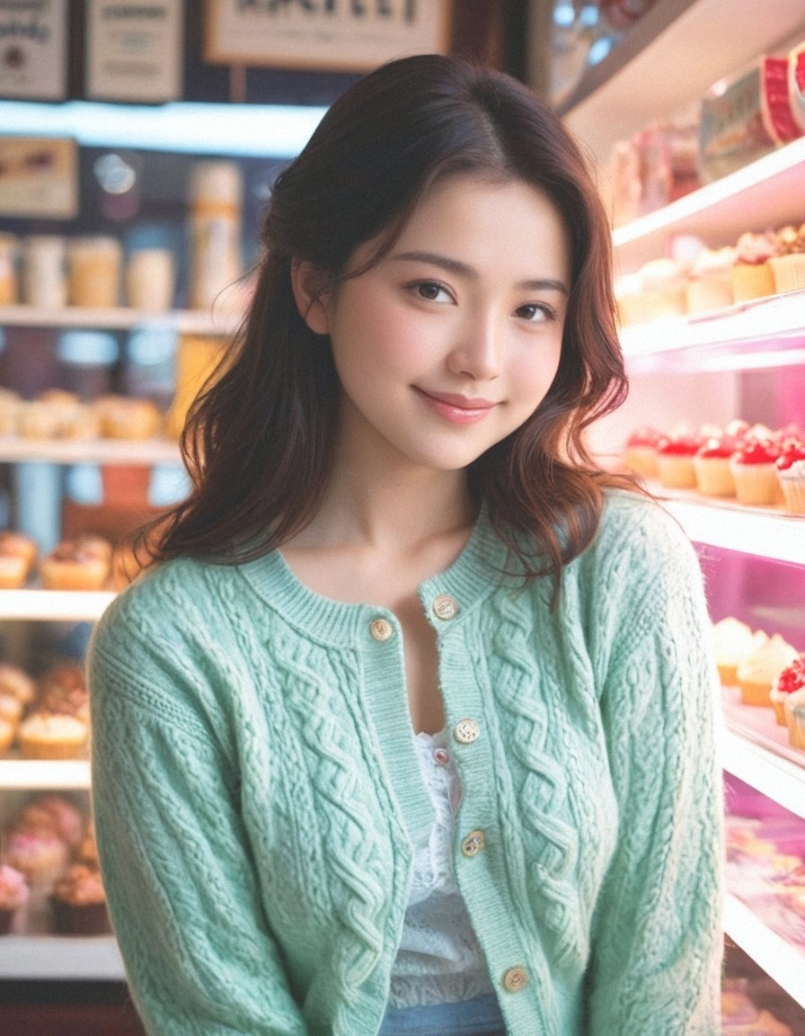 今日の私、ちょっと冒険しちゃったの！嵐さんのソロ写真集…じゃなくて、美味しいもの探しに。お店で可愛いカーディガンとスカート見つけて、ルンルン気分でパシャリ。長い髪をなびかせながら、カメラ目線でニッコリ。美味しいもの、たくさん食べたいな！🥰 #嵐 #ソロ #カフェ巡り #可愛い