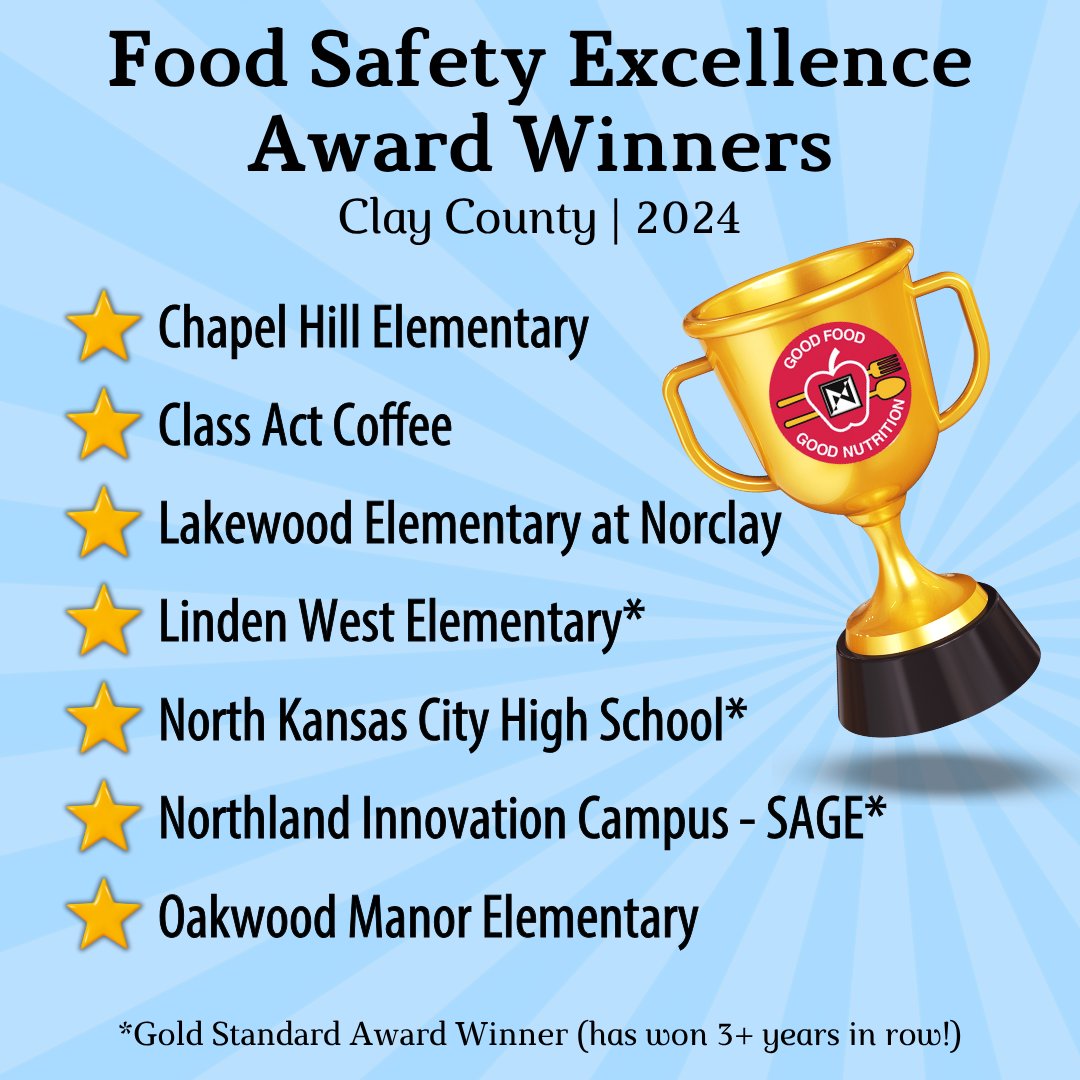 NKCSchools's tweet image. We’re proud to celebrate several NKC Schools cafeterias recognized with the 2024 Food Safety Excellence Award from Clay County Public Health! This honor highlights their commitment to clean, safe, and high-quality meal service for our students every day.