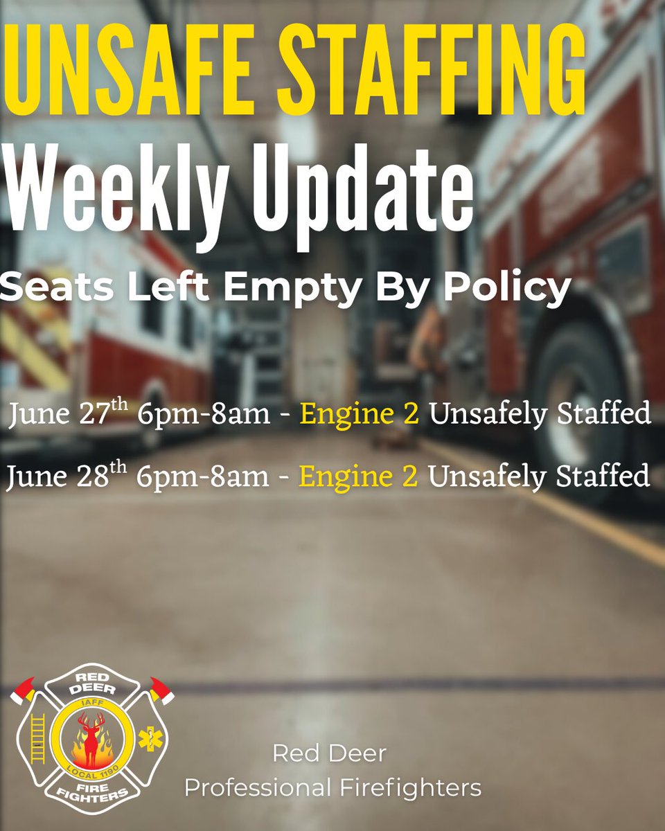 🚨 UNSAFE STAFFING: Weekly Update 🚨

For two nights in a row, Engine 2 was unsafely staffed from 6PM to 8AM.

Once again, seats were left empty by a city policy.

Engine 2 covers some of Red Deer’s busiest areas, and every hour it runs below safe staffing levels puts lives,