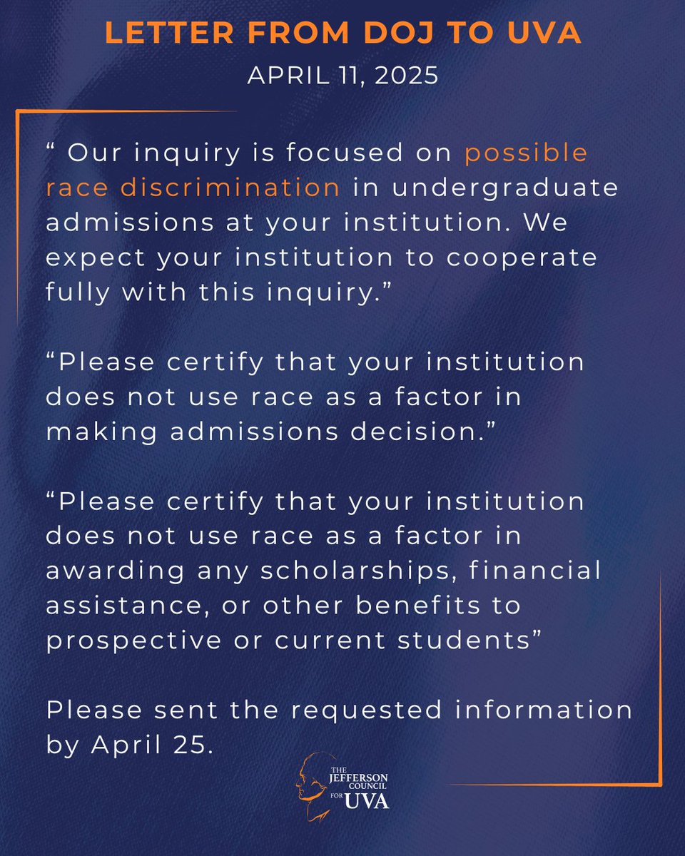 UVA received a letter from the DOJ on April 11, citing possible civil rights violations regarding race and admissions at the University. It requested more information about UVA's admissions policies and related awards and set an April 25 deadline for a response. Ryan never