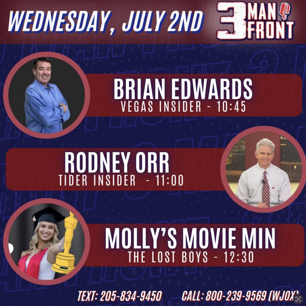 Pat Smith (@patsmithradio) on Twitter photo We're live in studio for <a href="/3ManFront/">3 Man Front</a>, join us beginning at 10am.
10:45 <a href="/vegasbedwards/">Brian Edwards</a>
11:00 <a href="/TiderInsider/">Rodney Orr</a> We're live in studio for <a href="/3ManFront/">3 Man Front</a>, join us beginning at 10am.
10:45 <a href="/vegasbedwards/">Brian Edwards</a>
11:00 <a href="/TiderInsider/">Rodney Orr</a>