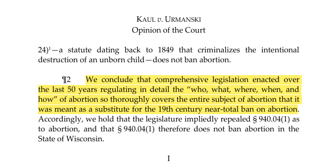 JacobJCurtis's tweet photo. 🚨 @ReformingGovt #IRGCourtWatch update: #SCOWIS strikes down WI ban on abortion, finding the Legislature "impliedly repealed" Wis. Stat. 940.04(1). 👀for full analysis later today... https://t.co/ro5rNUcbHc