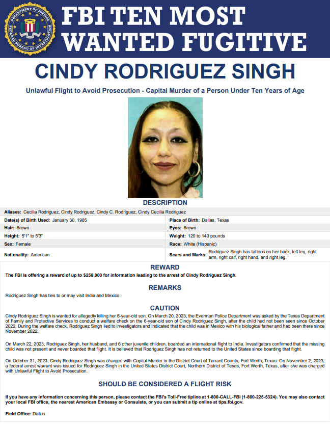 VasuEricsson's tweet photo. Congrats 🇮🇳!
@FBIDallas named Indian Origin Woman #CindyRodriguezSingh on FBI’s Top Ten Most Wanted List for murdering her SON
#GammaBias - Women's Achievements ( #SunitaWilliams ) celebrated. Women's Crimes (Cindy) not even acknowledged by Indians.
#MothersKillingChildren https://t.co/KvMx7x45gM