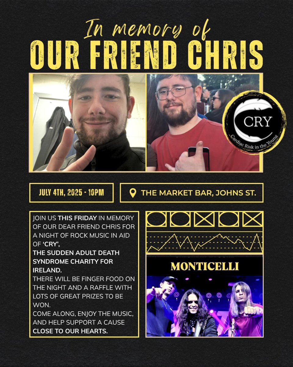 #𝓡𝓮𝓶𝓮𝓶𝓫𝓮𝓻𝓲𝓷𝓰𝓒𝓱𝓻𝓲𝓼 

The Market Bar, John St, Waterford are holding a #Fundraiser remembering their friend, Chris O'Connell who died suddenly on July 4th '24.

To mark Chris's anniversary they're holding a music night on Friday.🎵

If you're local, please support♥️