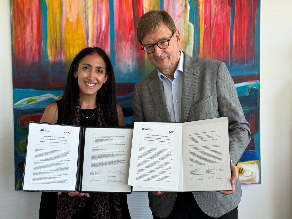 CIFAR_News's tweet image. CIFAR is pleased to announce a Memorandum of Understanding with @helmholtz_en, intended to build on our existing collaboration and foster closer cooperation.
Together, we aim to connect researchers and students, amplifying their commitment to advancing knowledge and innovation.
