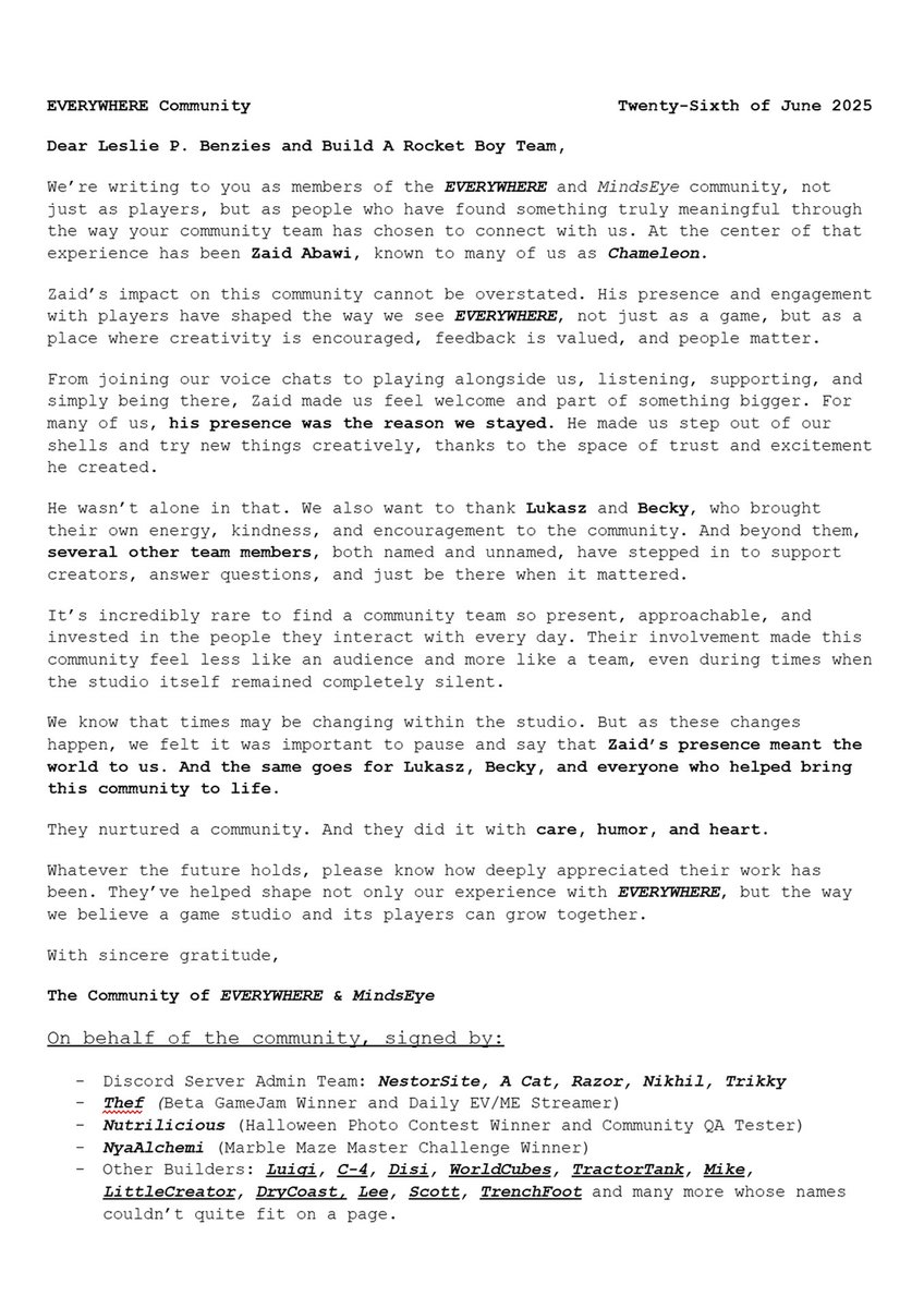 A Letter from the Community:

<a href="/buildarocketboy/">Build A Rocket Boy</a> <a href="/everywheregame/">EVERYWHERE</a> <a href="/MindsEyeGame/">MindsEye</a>