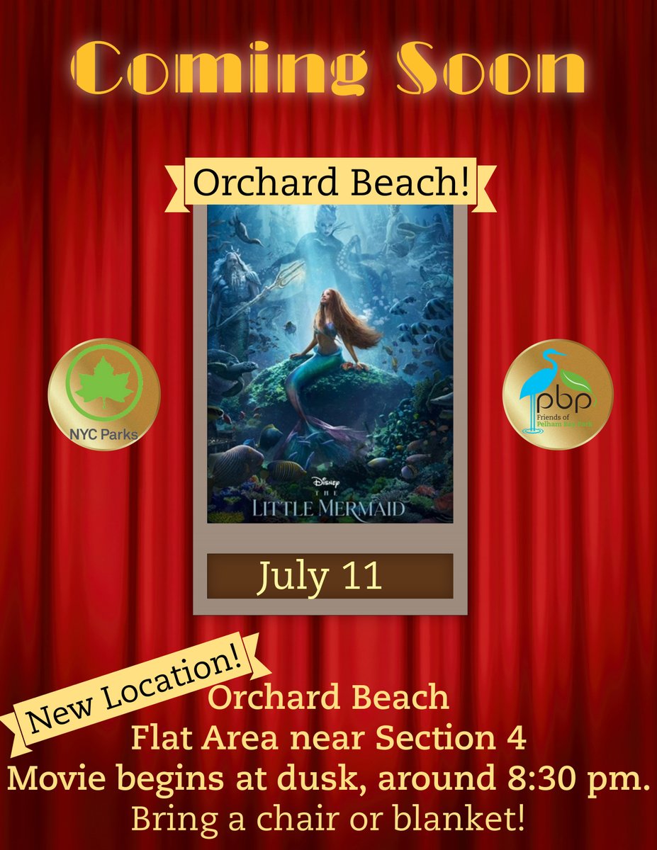 Join us for family-friendly films alfresco! Catch the live action Little Mermaid at Orchard Beach on July 11.

Bring a blanket or a chair! These events are free.

All dogs must be on a leash at all times.