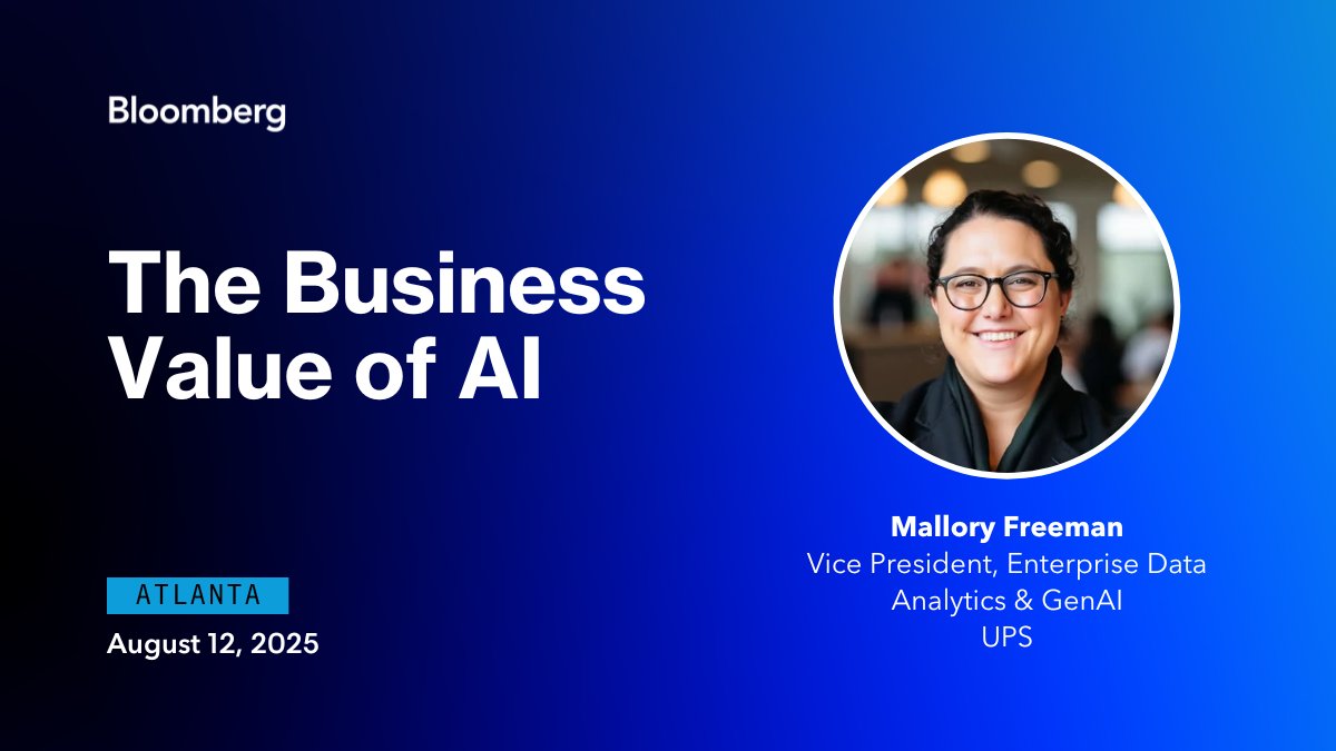 BloombergLive's tweet photo. Mallory Freeman of UPS joins #ValueOfAI on 8/12 to explore how AI agents are helping anticipate customer needs and streamline operations. Discover how smart data fuels a seamless experience. Be there in Atlanta: https://t.co/SNOol2TvcD https://t.co/G6RXhWh0UJ