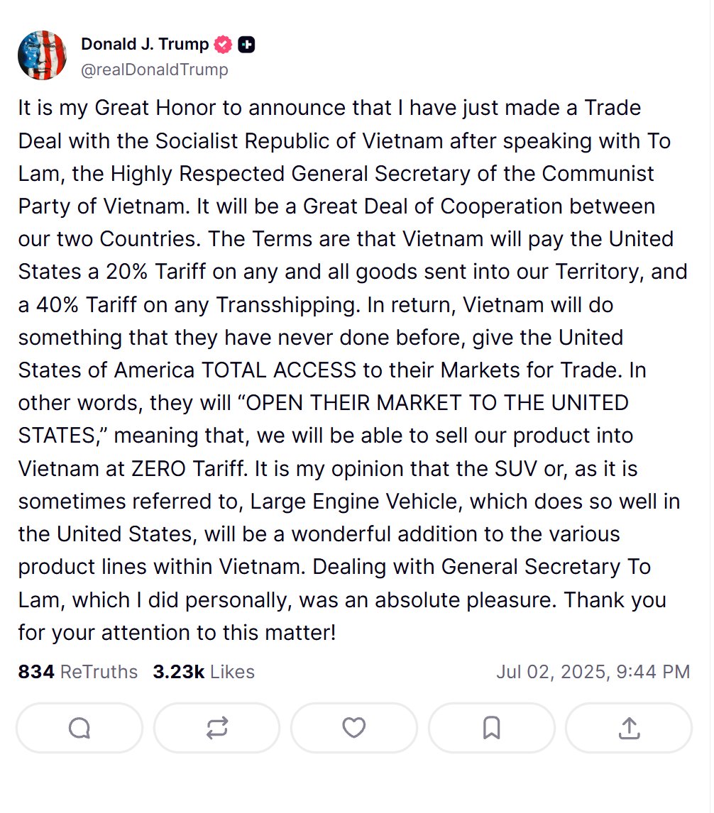 VietnamNewsVNS's tweet image. US President @DonaldTrump announced a trade deal with Việt Nam on Truth Social, with #tariffs on Vietnamese goods exported into the US set at 20%, 0% tariffs on American goods into Việt Nam. 🇻🇳 🇺🇸