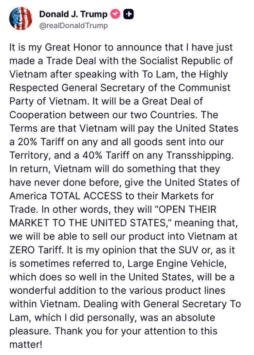 mxmnews's tweet photo. 🚨 TRUMP DETAILS TRADE DEAL WITH VIETNAM 🇻🇳 

Vietnam: 20-40% tariff

America: ZERO tariff https://t.co/WgMxOLKaC2