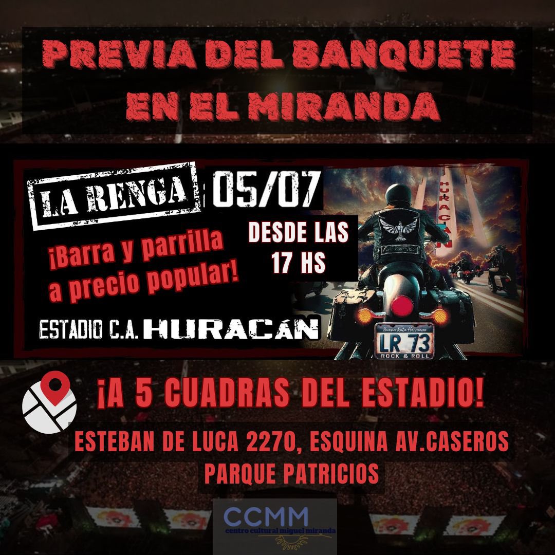 SÁBADO A FULL EN EL MIRANDA✨
10 Hs Verduras a los mejores precios
17 Hs Previa de <a href="/larenga/">La Renga</a> . Barra, morfi y acceso a baños 😉
📍Esteban de Luca 2270, Parque Patricios.
COMPARTÍ A TUS CONOCIDOS 🤗