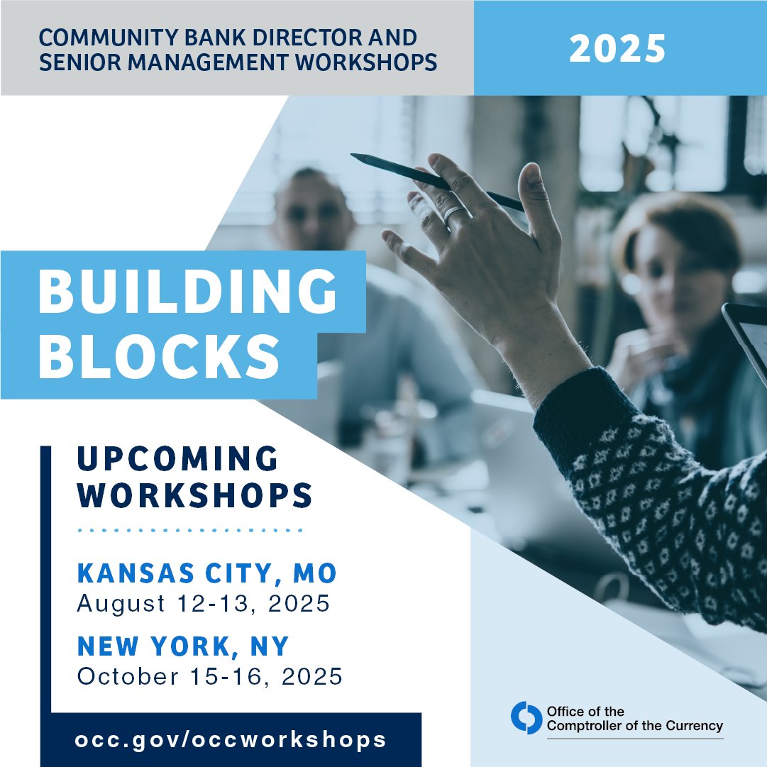 USOCC's tweet image. The OCC’s Building Blocks Workshop designed for experienced and new community bank directors explores strategic planning and enterprise risk management. View the workshop schedule, locations & register at occ.gov/workshops.