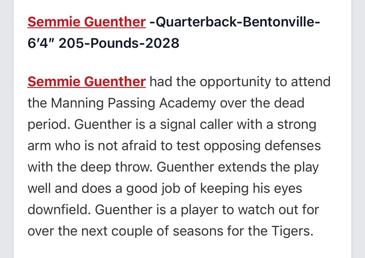 Semmie Guenther (@semmieg4) on Twitter photo Thank you for the recognition and write up.
<a href="/tctabler/">PrepRedZoneTom Tabler</a> <a href="/coltonedwardsFB/">Colton Edwards</a> <a href="/PrepRedzoneAR/">Prep Redzone Arkansas</a> <a href="/BvilleFB/">Bentonville Football</a> <a href="/tystorey4/">Ty Storey</a> <a href="/CoachJGrant/">Jody Grant</a> <a href="/mpa_info/">Manning Passing Academy</a> <a href="/Coach_Norvell/">Mike Norvell</a> Thank you for the recognition and write up.
<a href="/tctabler/">PrepRedZoneTom Tabler</a> <a href="/coltonedwardsFB/">Colton Edwards</a> <a href="/PrepRedzoneAR/">Prep Redzone Arkansas</a> <a href="/BvilleFB/">Bentonville Football</a> <a href="/tystorey4/">Ty Storey</a> <a href="/CoachJGrant/">Jody Grant</a> <a href="/mpa_info/">Manning Passing Academy</a> <a href="/Coach_Norvell/">Mike Norvell</a>