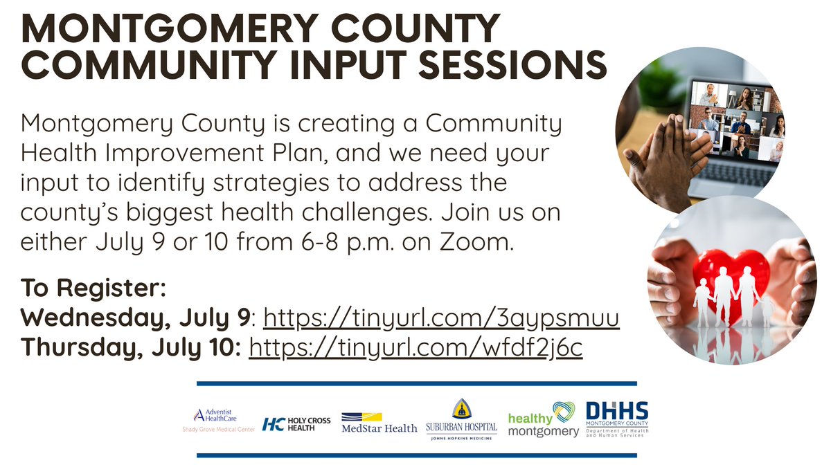 MontCoExec's tweet image. Montgomery County is hosting two virtual community meetings to hear your ideas on tackling our biggest health challenges.
Tues, July 9 & Wed, July 10: 6–8 p.m. on Zoom (Spanish interpretation available)
Help shape the strategy for healthier communities.
ow.ly/aV9250WjKWT