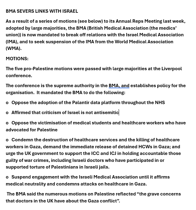 🚨 MAJOR WIN FOR BDS

The British Medical Association (BMA) has severed its ties with the Israeli Medical Association (IMA)

They will now work to remove the Israeli Medical Association from international forums.

This is HUGE success for BDS.