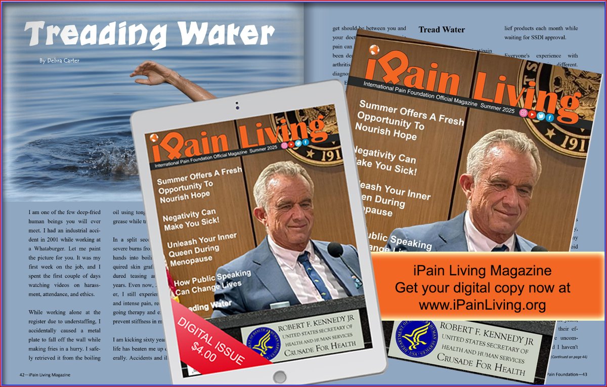 Feeling like you’re “Treading Water”? Debra Carter’s story in iPain Living’s Summer 2025 issue inspires resilience: internationalpain.org/ipain-living-m… #iPainLiving #ChronicPain #Resilience.