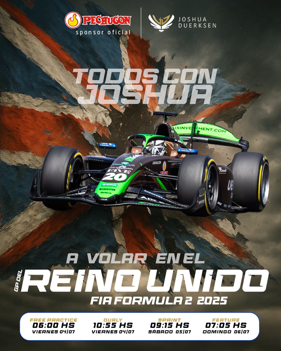Pechugon (@pechugonpy) on Twitter photo ¡Listo para volar en Silverstone! 🏎️🏆
Después de su gran desempeño en Spielberg, <a href="/JoshuaDuerksen1/">Joshua Duerksen 🇵🇾</a> apunta alto en el mítico circuito de Silverstone. ¡Vamos por la victoria épica, Joshua querido! 🇵🇾💥
📍 GP de Silverstone - FIA Fórmula 2 2025
📅 Horarios:
Viernes 03/07
Free ¡Listo para volar en Silverstone! 🏎️🏆
Después de su gran desempeño en Spielberg, <a href="/JoshuaDuerksen1/">Joshua Duerksen 🇵🇾</a> apunta alto en el mítico circuito de Silverstone. ¡Vamos por la victoria épica, Joshua querido! 🇵🇾💥
📍 GP de Silverstone - FIA Fórmula 2 2025
📅 Horarios:
Viernes 03/07
Free