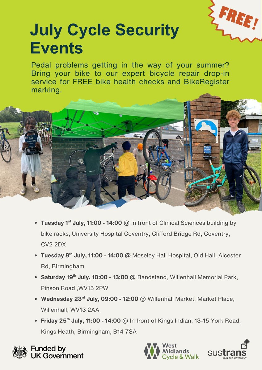 Join us for Dr Bikes in Coventry, Walsall and Birmingham - get your bike summer ready this July 🚲 ✨ 

@transportforwm