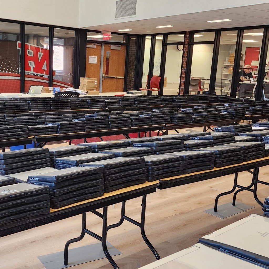 NH Technology department working through 1400 devices over the summer! New devices for the class of 2029 await our new Highlanders! Keeping it amazing for our amazing community! Together we are Northern Highlands!