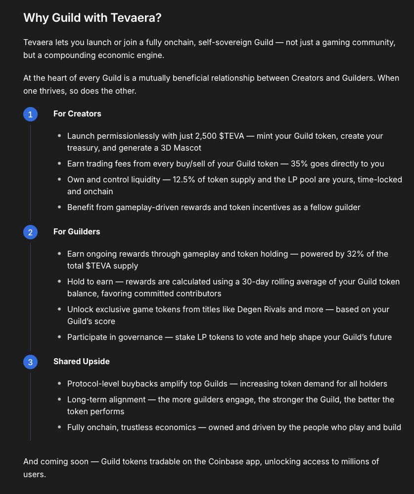 bm 

Tevaera’s onchain gaming economy lets both creators and guilders win — permissionless, community-owned, powered by $TEVA.

Join the mission, claim your guild, and play for keeps on base🫡