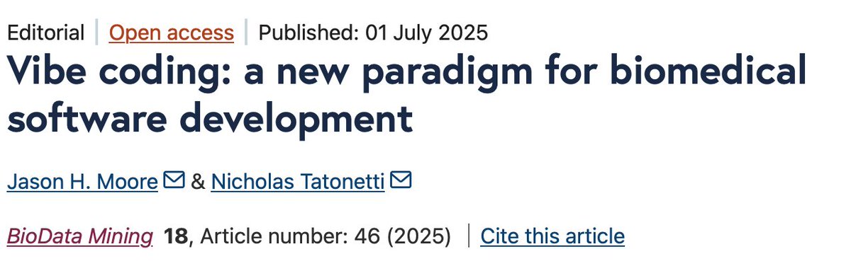 proftatonetti's tweet image. Vibe coding is coming for biomedical software development, my first editorial as Co-Editor-in-Chief of @BioDataMining
biodatamining.biomedcentral.com/articles/10.11…