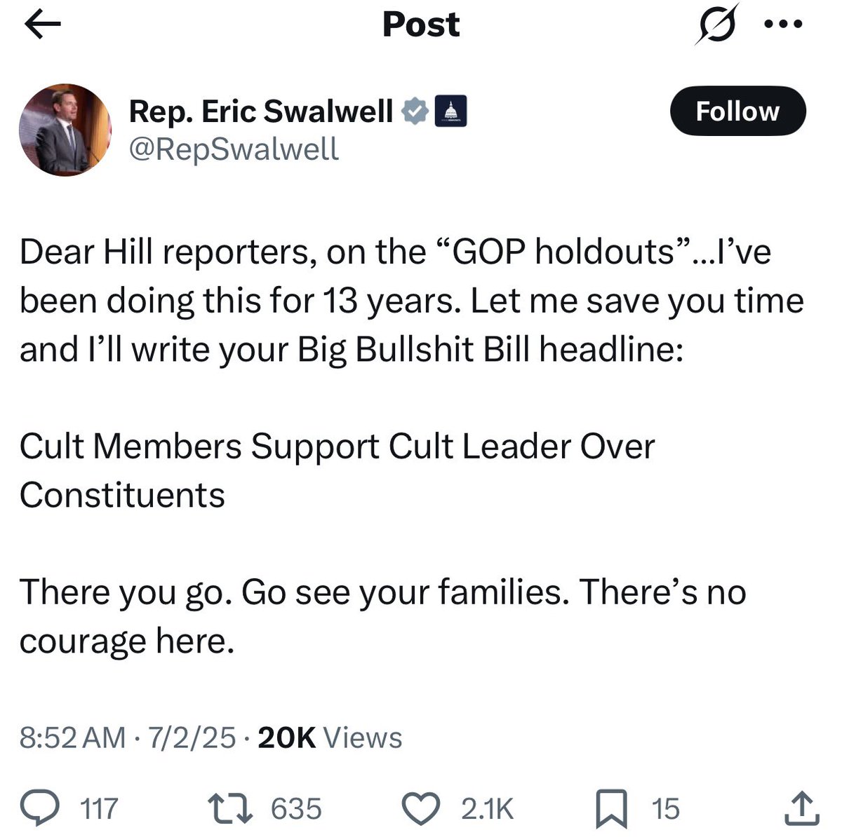 Eric Swallwell lecturing anyone about courage is like a raccoon giving hygiene advice. 😆

This man slept with a Chinese spy, simps for the FBI, and thinks voting against 1,000-page surveillance slush funds makes you a “cult member.” The only cult here is the one that worships