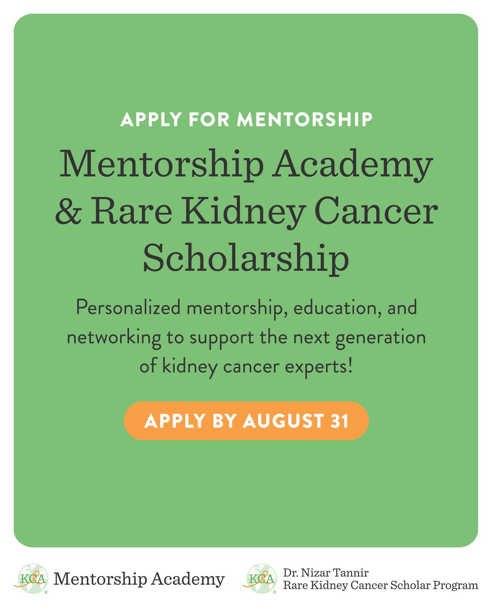 Kidney Cancer (@kidneycancer) on Twitter photo 📢 Applications for TWO #KidneyCancer mentorship programs are open! Through hands-on edu & networking, we propel careers for future leaders in research and care!
🧡 KCA Mentorship Academy
🧡 Dr. Nizar Tannir #RareKidneyCancer Scholar Program
Apply Now: bit.ly/45QBTMW 📢 Applications for TWO #KidneyCancer mentorship programs are open! Through hands-on edu & networking, we propel careers for future leaders in research and care!
🧡 KCA Mentorship Academy
🧡 Dr. Nizar Tannir #RareKidneyCancer Scholar Program
Apply Now: bit.ly/45QBTMW